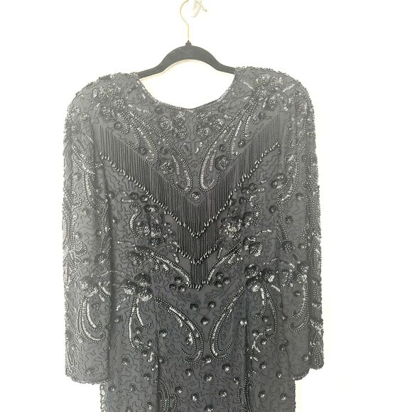Oleg Cassini Vintage 70s/80s Silk Black Beaded Cocktail Dress 20s Style Flapper - Picture 2 of 13